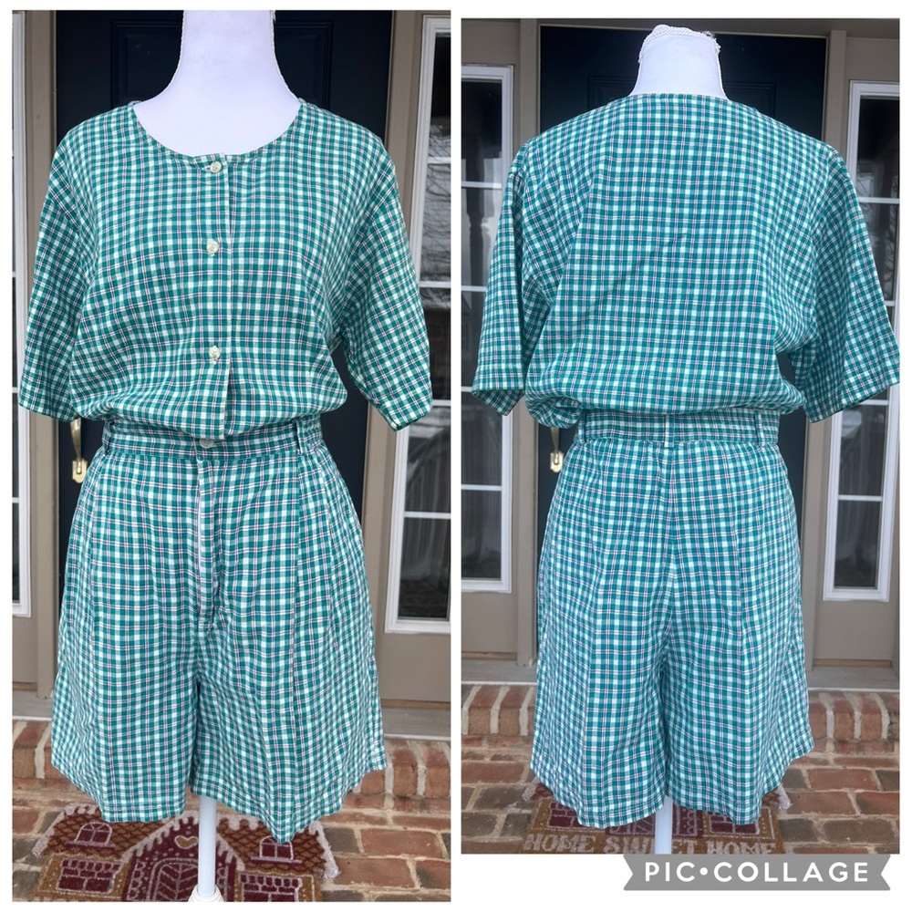 Vintage 90s Northern Reflections green plaid madras shirt shorts set S M